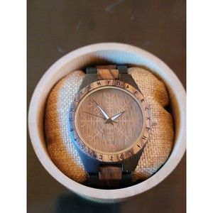 Ivar Viking Wooden Watch with Helm of Awe Viking Symbol & Engraved Die in Battle